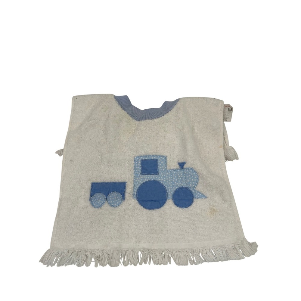 Cannon Train Tractor Bib OS White Blue Applique Fringe Cotton Kids